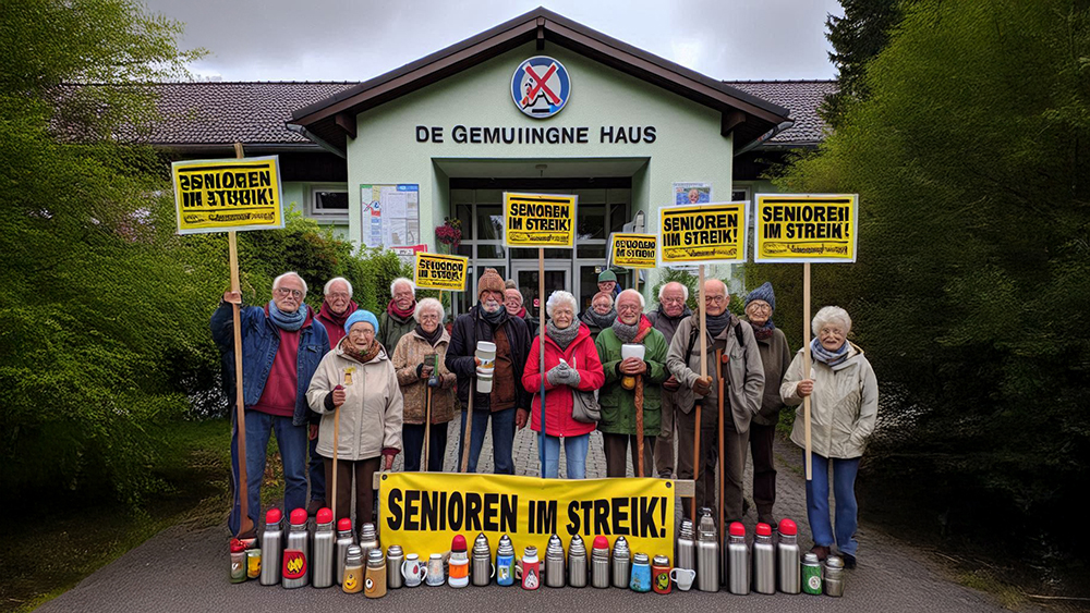Senioren mit Protestschildern vor Gemeindehaus